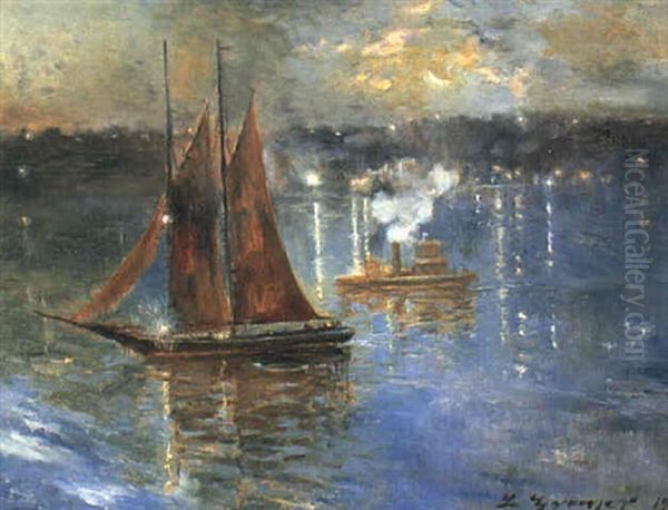 Two Ships Passing On A Moonlit River - view 1