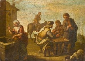 A Village With Men Seated At A Table, A Woman At A Well And A Man On A Donkey