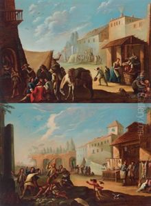 Volkstreiben Auf Einem Marktplatz (+ Figures In A Landscape; Pair)