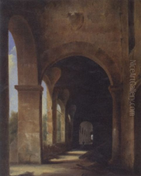 A Cloister With A Gardener Wheeling A Barrow - view 1