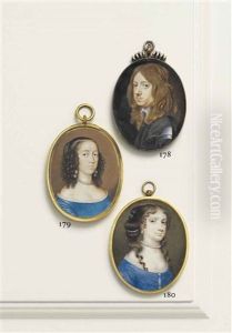 A Young Lady, In Low-cut Cerulean Blue Dress, Pearl Necklace And Drop-pearl Earrings, Pearl-laced Cap In Her Upswept Curling Brown Hair; Buff Background... by David Des Granges