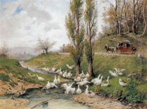 Fruhlingslandschaft Mit Gansen Am Bach Und Einer Pferdekutsche by Leopold Graninger