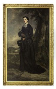 Portrait Of A Lady, Full Length, Standing In A Landscape Wearing A Riding Habit