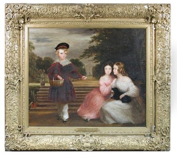Portrait Of Christopher William Robinson (1836-1889) Of Dullingham House And Denston Hall, With His Two Sisters Ada And Harriet Pigott, And A Small Black Dog - view 1