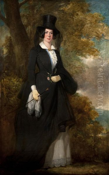 Portrait Of An Elegant Lady In Riding Habit, Standing By A Parkland Tree - view 1