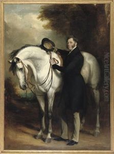 Portrait Of Thomas Dundas, 2nd Earl Of Zetland, In A Black Coat With A Grey Horse In A Landscape by Sir Francis Grant