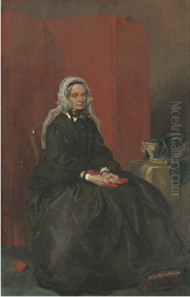 Portrait Of Emily Jane, Viscountess Hardinge (1789-1865), Full-length, Seated In A Black Dress, Knitting, A Red Screen Beyond - view 1