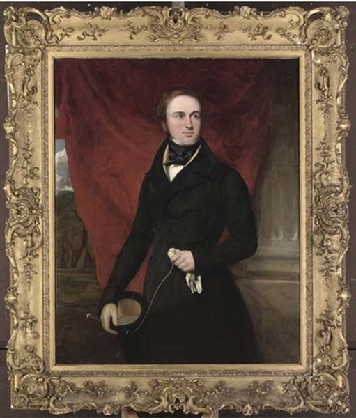 Portrait Of Sir Creswell Creswell, Three-quarter-length, In A Black Coat, Holding A Top Hat, Gloves And Whip, A Red Curtain And Landscape Beyond - view 1