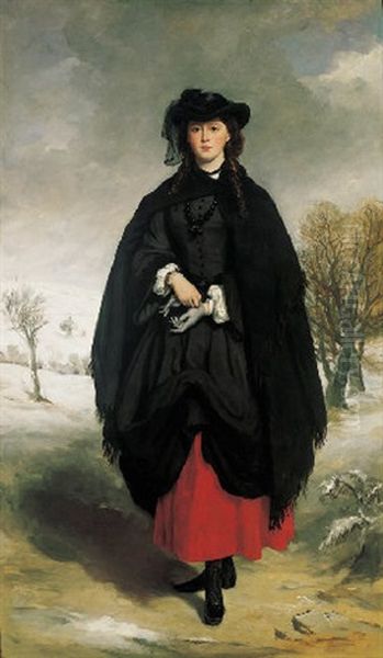 Portrait Of Daisy Grant, The Artist's Daughter, Wearing A Black Dress, Red Petticoat, Black Shawl, Hat And Boots, And Grey Gloves In A Winter Landscape - view 1