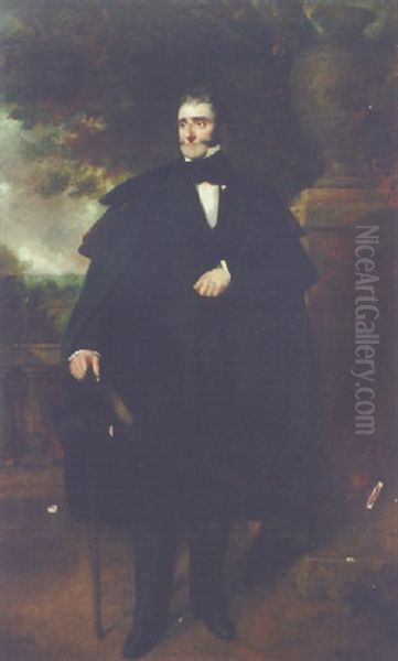 Portrait Of A Gentleman, (member Of The Fortescue Family?), In A Black Suit And Cloak, Holding A Top Hat And Cane - view 1