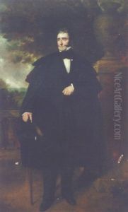 Portrait Of A Gentleman, (member Of The Fortescue Family?), In A Black Suit And Cloak, Holding A Top Hat And Cane by Sir Francis Grant