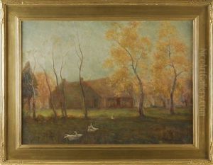Tonalist Landscape With Geese And Houses Through The Trees by Walter Granville-Smith