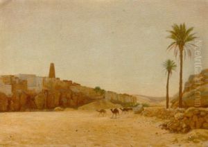 Camels Before A North-african Desert Village by August Johannes le Gras