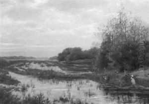 A Wooded Marsh Landscape With A Heron And Ducks, At Dusk by August Johannes le Gras