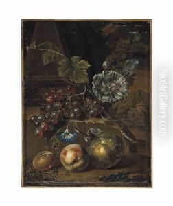 A Peach, A Plum And A Pear, With Grapes On A Stone Ledge, An Italianate Landscape Beyond