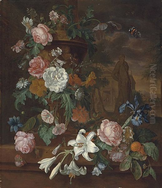 Lillies, Peonies, Roses, Carnations And Other Flowers In A Sculpted Urn On A Shore Ledge, With A Statue A Classical Temple Beyond - view 1