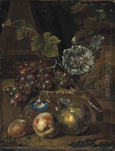 A Peach, A Plum And A Pear, With Grapes On A Stone Ledge, An Italianate Landscape Beyond by Willem Grasdorp