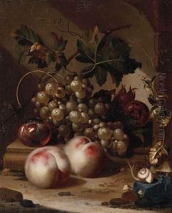 A Plum, Grapes On The Vine And Medlars On A Ledge With Peaches, A Snail In The Foreground by Willem Grasdorp