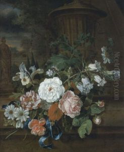 Stilleben Von Rosen, Malven, Klatscmohn, Schwertlilie, Marienglockenblume In Einer Parklandschaft
