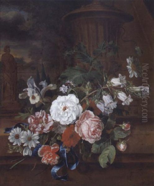 Stilleben Mit Rosen, Malven, Klatschmohn, Schwertlilie, Marien-glockenblume, Schlafmohn Und Anderen Bluten Auf Einer Steinplinthe In Einer Parklandschaft Mit Einer Statue Vor Abendlichem Himmel - view 1