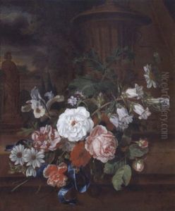 Stilleben Mit Rosen, Malven, Klatschmohn, Schwertlilie, Marien-glockenblume, Schlafmohn Und Anderen Bluten Auf Einer Steinplinthe In Einer Parklandschaft Mit Einer Statue Vor Abendlichem Himmel
