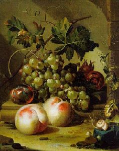 Grapes, Pomegranates And A Plum On A Stone Ledge, With Peaches, A Snail And Mushrooms