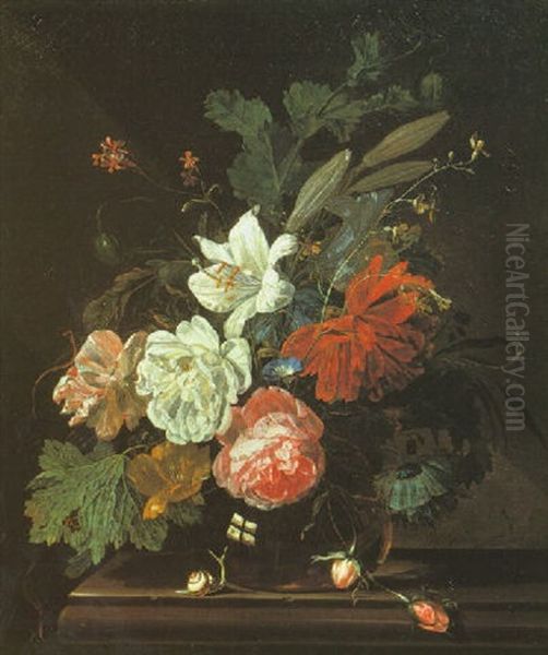 Still Life Of Roses, Lilies And Other Flowers In A Glass Vase With A Snail On A Marble Ledge - view 1