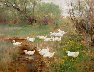 Enten Am Teichufer Im Fruhling, Bluhende Wiesen Und Weiden by Franz Graessel