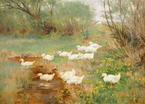 Ducks Crossing A Brook by Franz Graessel