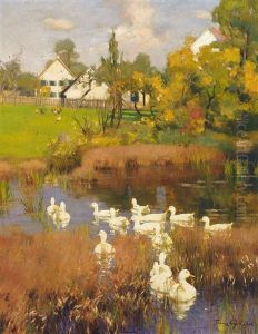 Sommertag Auf Dem Land Mit Ententeich Vor Malerischem Gehoft by Franz Graessel