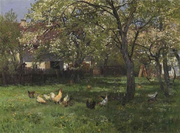 Fruhlingslandscaft: Huhner Auf Der Wiese Unter Dem Bluhenden Obstbaum Vor Dem Gehoft - view 1