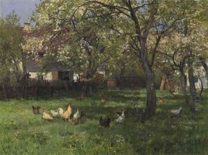 Fruhlingslandscaft: Huhner Auf Der Wiese Unter Dem Bluhenden Obstbaum Vor Dem Gehoft by Franz Graessel