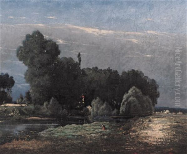 Besonnte Flusslandschaft Mit Malerischer Baumgruppe Und Personenstaffage - view 1