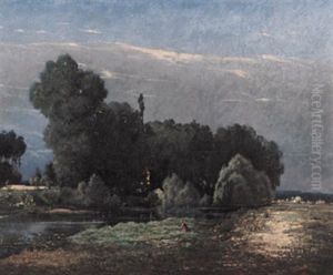 Besonnte Flusslandschaft Mit Malerischer Baumgruppe Und Personenstaffage by Auguste Grasset