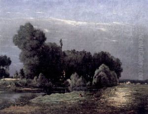 Besonnte Fluslandschaft Mit Malerischer Baumgruppe, Figurenstaffage Und Fernem Kirchdorf by Auguste Grasset