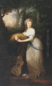 Portrait Of Princess Christine Radziwill Wearing A White Dress With A Blue Sash And Gold Mantle, In A Wooded Landscape