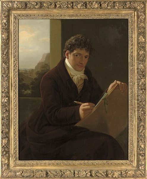 Self-portrait, Three-quarter-length, Seated In A Brown Coat, Sketching, A Landscape Beyond - view 1