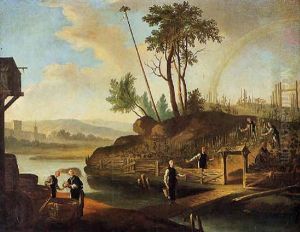 Paesaggio Fluviale Con Monaci Al Lavoro