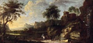 Von Burgartigen Gebauden Gesaumte Italienische Felsenlandschaft Mit Kurierreiter Und Begleitpferd by Johann Georg Dominikus Grassmayr