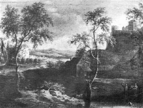 Romantische Fluslandschaft Mit Einer Burg Und Bauern - view 1