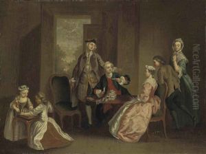 A Conversation Piece With Elegant Figures Playing Cards In An Interior by Hubert-Francois Gravelot