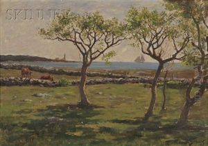 Cows At Pasture With A Schooner And Lighthouse In The Distance by Abbott Fuller Graves