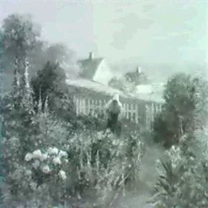 Tending The Garden/summer Garden View With Cottages And Ocean Beyond by Abbott Fuller Graves