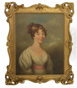 Head And Shoulders Portrait Of A Young Lady, Her Hair Tied In A Bun And Wearing A Cream Dress Tied By A Crimson Sash