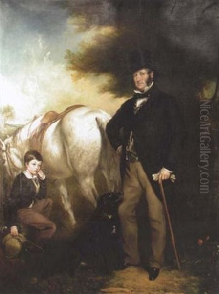 Sir John Hesketh Lethbridge, 3rd Baronet And His Son Albert Arthur Erin Lethbridge, With A Grey Hunter And A Black Retriever In A Park - view 1