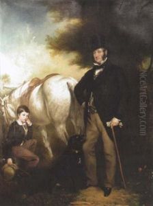 Sir John Hesketh Lethbridge, 3rd Baronet And His Son Albert Arthur Erin Lethbridge, With A Grey Hunter And A Black Retriever In A Park by Henry Richard Graves