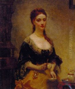 Portrait Of Alice Charlotte Arobin In A Black And Gold Dress With Lace Trim, Having Tea, In An Interior by Henry Richard Graves