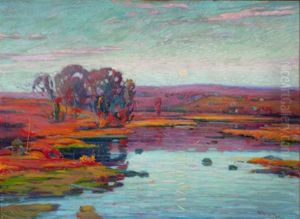 Landscape With Trees And Pond At Sunset by William Greason