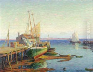 Docked Boat At Wharf Side With Sailboat On Horizon by William Greason