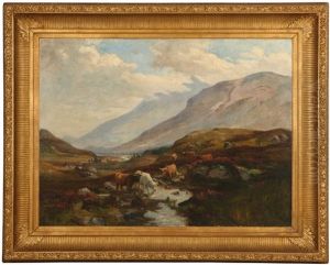 Cattle Watering In A Highland River Valley by William Greaves
